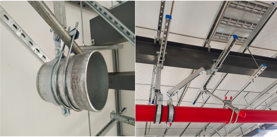 On-site installation collage of UTT seismic sway bracing attachments, mounted on H steel beam and concrete ceiling for fire protection pipeline