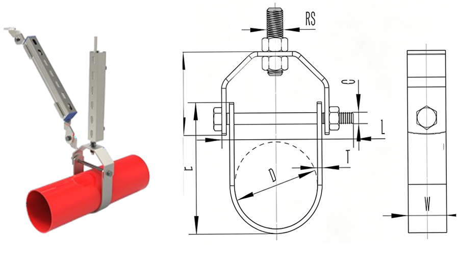 Galvanized clevis pipe hanger with seismic bracket assembly, 3D render and dimension engineering drawing, size marks D L T W RS, fire protection pipe clevis clamp for overhead sprinkler pipeline support