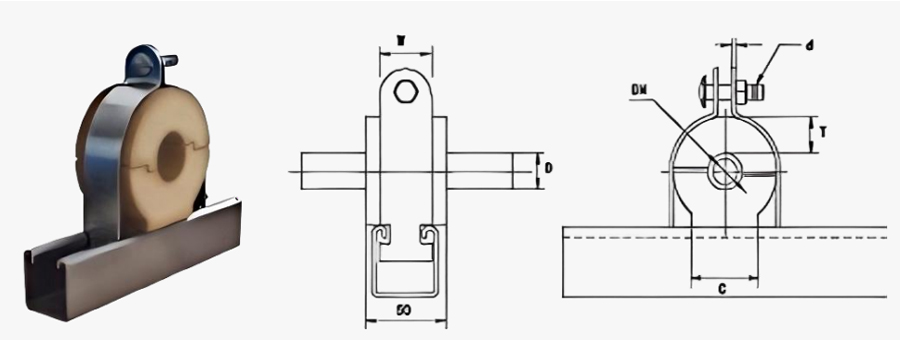 Foam insulated pipe hanger 3D render and dual side dimension technical drawings