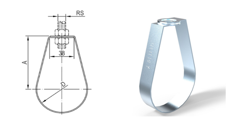 Pear shaped loop pipe hanger with technical dimension drawing