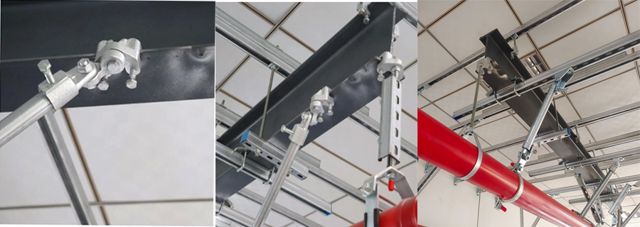 Multi-angle on-site installation photos of three bolt beam clamp seismic bracing system for overhead fire protection piping