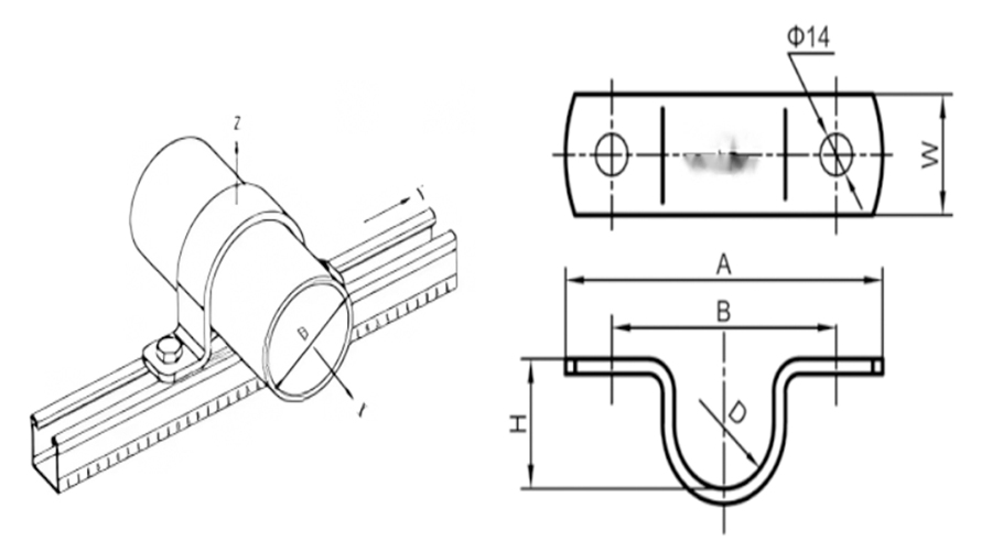 UTT82 clevis pipe clamp engineering drawing, 3D isometric view & 2D dimension diagram with mark A B D H W, hole diameter Φ14, galvanized U pipe clip for fire sprinkler strut channel support