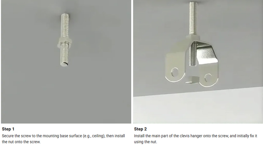 Clevis pipe hanger installation step 1 step 2, fix threaded rod to ceiling with nut, mount main clevis bracket on suspender bolt, fire pipe support pre-install operation diagram