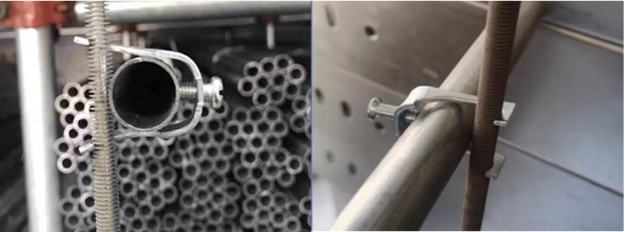 Single bolt strut pipe clip two styles real installation close-up photos