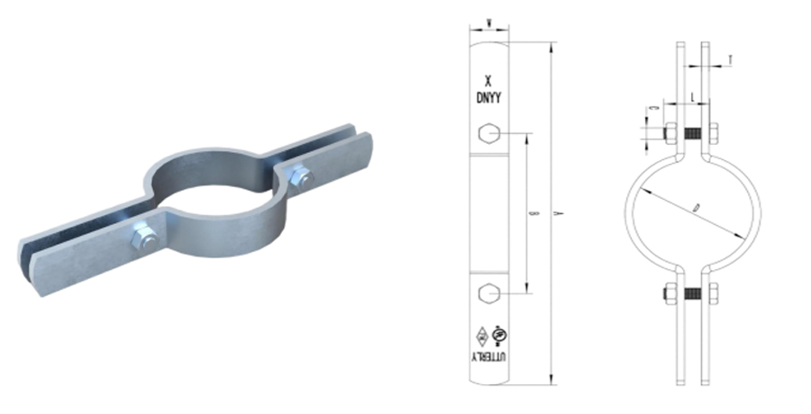 Divkāršās izciļņas vienkāršas caurules skava 3D renderēšana un vertikālo un šķērsgriezuma izmēru tehniskie rasējumi