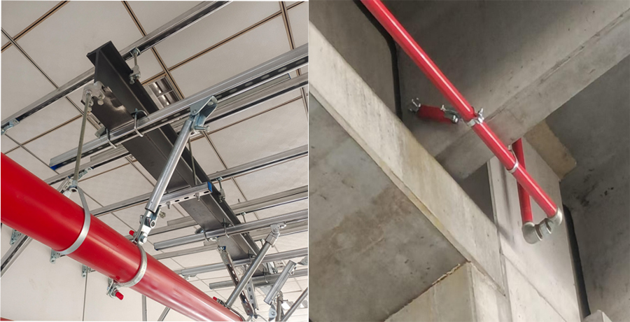 Instalare de contrav&acirc;ntuire seismică a conductei de sprinklere de incendiu &icirc;n tavanul clădirii comerciale