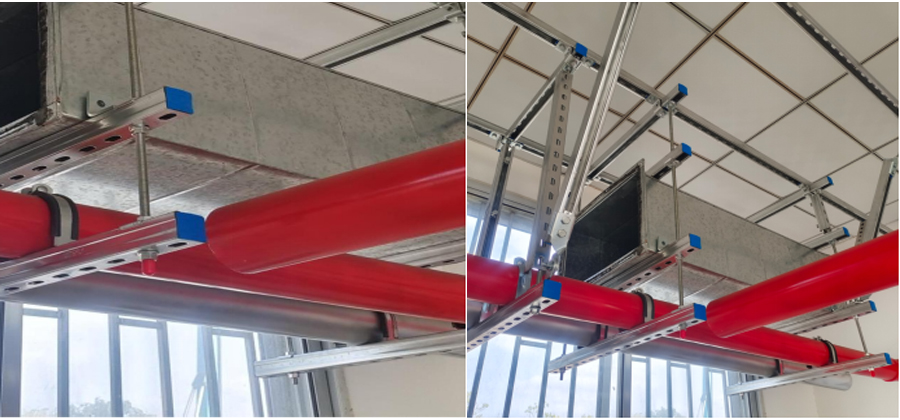 Two-piece pipe clamp installed on overhead fire water strut support system