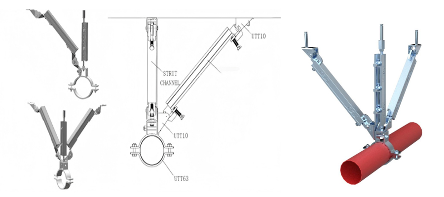 Triple collage drawing of seismic bracing assembly with UTT10 C-clamp structural attachment, UTT63 supporting pipe attachment and strut channel for overhead fire sprinkler piping