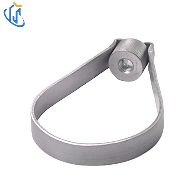 Adjustable galvanized loop pipe hanger installed in commercial HVAC setting