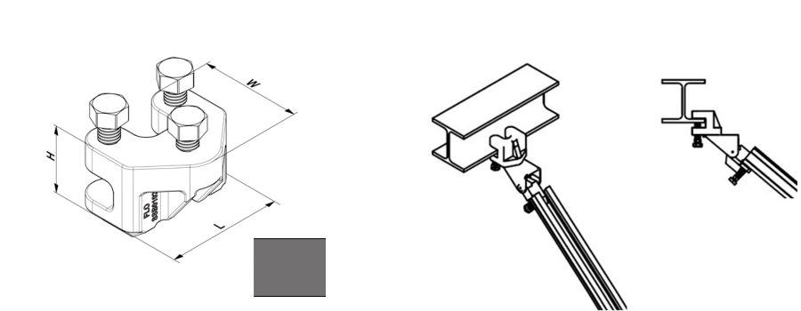 Three bolt heavy duty I-beam clamp dimension drawing and two types of seismic bracing installation schematic