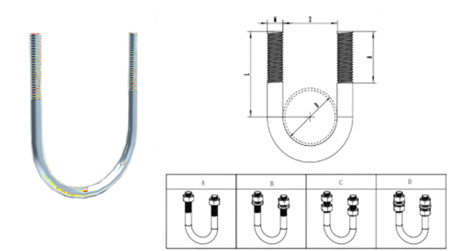 Galvanized U bolt pipe clamp 3D render, dimension drawing and four nut assembly types