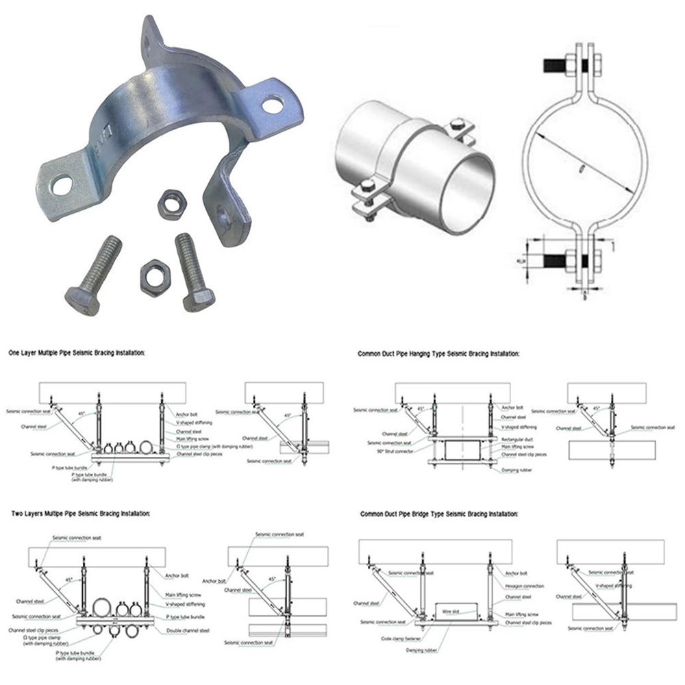 UTT60 carbon steel double bolt pipe hanger 3D render and two-view technical drawing for fire pipeline suspension