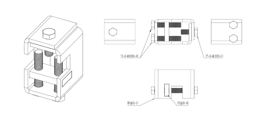 Technical drawing of UTT1102 electro-galvanized beam adapter, exploded structural schematic with component part numbers, seismic bracing beam clamp connector for fire sprinkler MEP piping