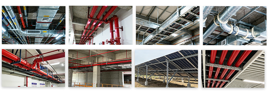 Real installation scenes of UTT seismic sway attachments on H-beam and concrete beam