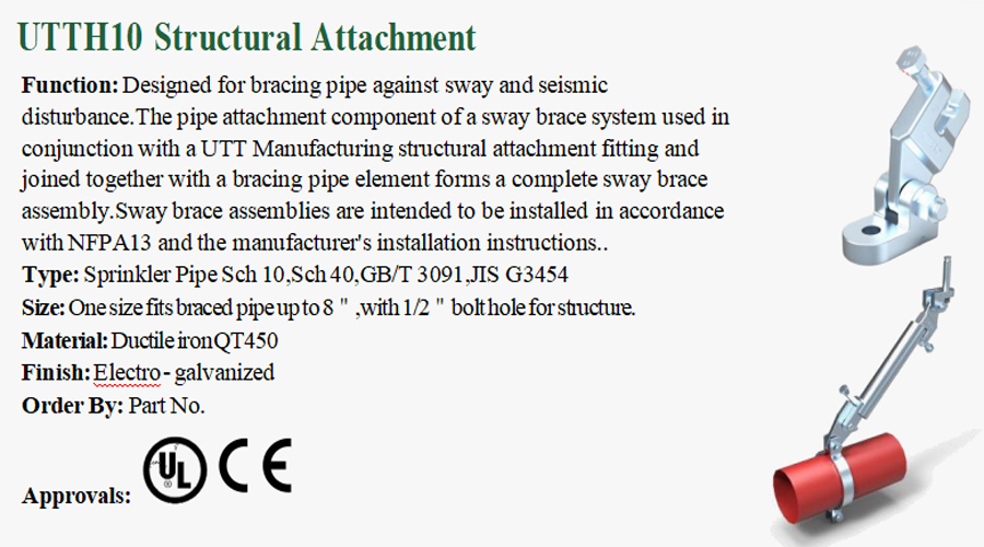 UTH10 seismic sway brace attachment for fire sprinkler pipes UL CE certified ductile iron electro galvanized