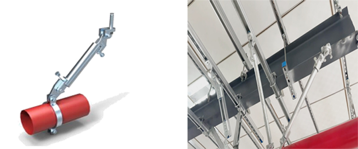 Collage of UTT heavy-duty seismic sway bracing assembly, 3D render and real on-site installation photo for red fire sprinkler pipeline seismic support system