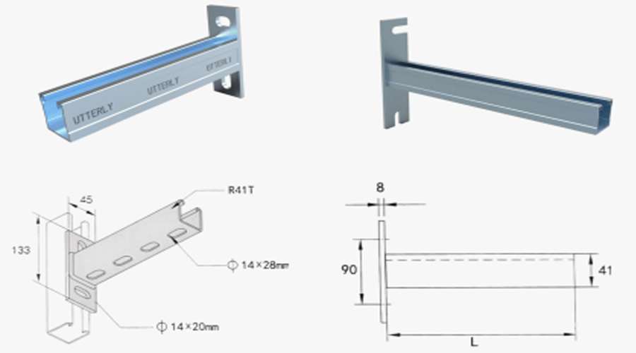 Galvanized strut cantilever bracket with technical drawing