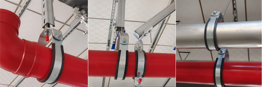 On-site installation photos of galvanized clevis pipe hangers with rubber cushion, fixed red fire fighting pipes and silver metal pipelines, seismic pipe support system used in building ceiling piping project