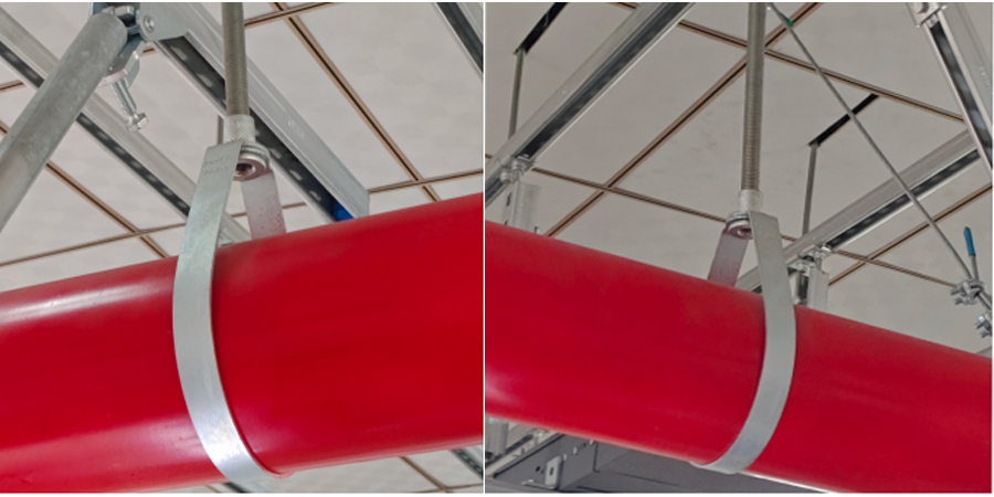On-site installation photos of galvanized pear band pipe hanger, fixed red fire fighting sprinkler pipe with threaded suspender rod on building ceiling, fire pipeline overhead support system