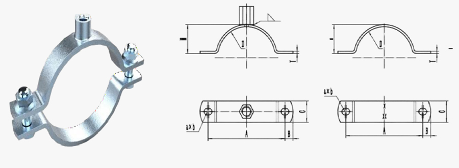Single bolt riser pipe clamp 3D product render and dual dimension technical drawings