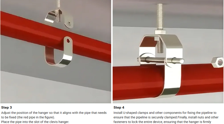 Clevis pipe hanger installation step 3 and step 4, adjust hanger align with red fire pipe, put pipeline into clevis slot, mount U-shaped clamp and fasten nuts to fix fire sprinkler pipe firmly, galvanized steel pipe support bracket for fire fighting pipeline