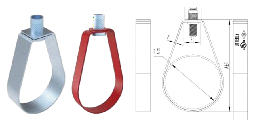 Galvanized & red painted pear shaped clevis band pipe hanger with UL certification, overhead fire sprinkler pipe support, product photo and dimension engineering drawing for fire fighting pipeline