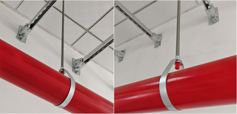 Pear shaped clevis pipe hanger matched with seismic bracing system, galvanized fire pipe loop support installed with seismic channel bracket on ceiling for fire protection project