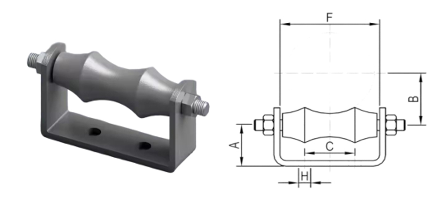 Two-hole base pipe roller support with dimension specifications for HVAC piping