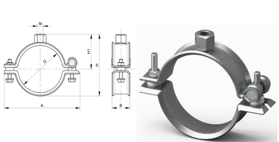 Double bolt split pipe clamp dimension drawing and finished product render