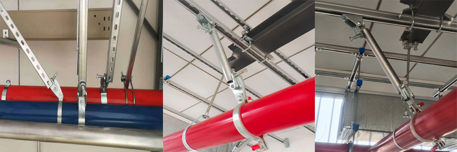 Three-scene on-site installation photos of UTT20Q longitudinal in-line sway brace assembly for overhead red fire sprinkler piping seismic restraint system