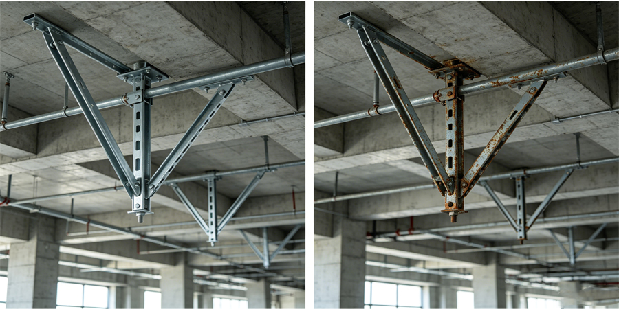 Compliant seismic bracing installation for NFPA 13 fire sprinkler systems in commercial building
