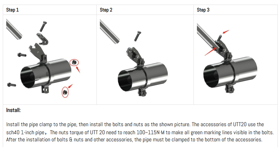 UTT20 sway bracing attachment installation guide - Step 1 attach pipe clamp to pipe, Step 2 install bolts and nuts with torque 100-115 N&middot;M ensuring green marking lines visible, Step 3 secure pipe clamped to bottom of accessories - uses Sch 40 1-inch brace pipe