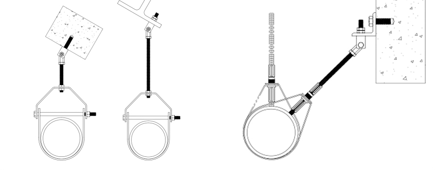 Single pipe seismic bracing support drawing, transverse anti-seismic hanger for pipeline, construction pipe seismic bracket technical sketch