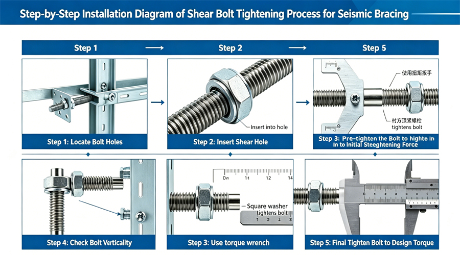 Seismic bracing shear bolt installation detail for NFPA 13 compliant pipe support