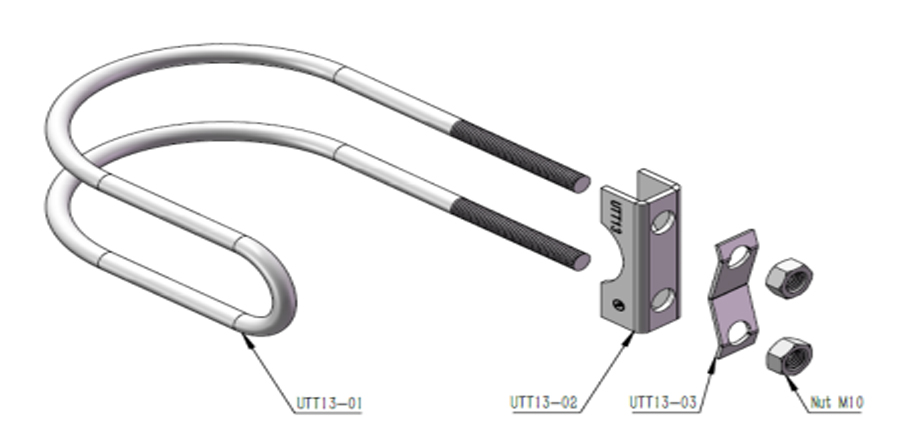 Exploded 3D drawing of UTT13 U-type seismic pipe clamp, spare parts breakdown UTT13-01, UTT13-02, UTT13-03 and M10 nut, ductile iron seismic pipe fitting